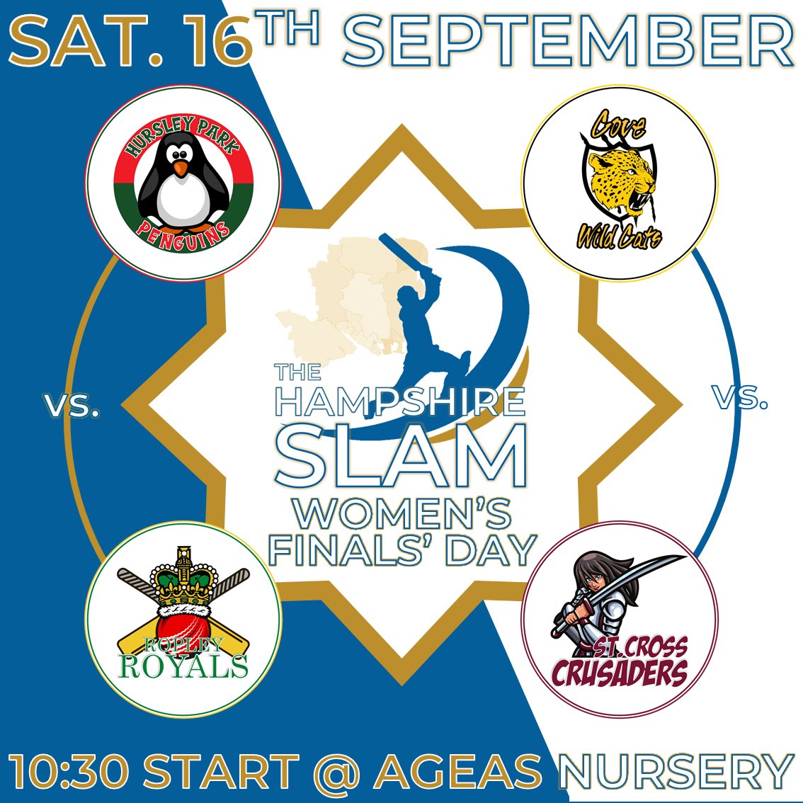 WOMEN’S FINALS’ DAY

The inaugural #HampshireSlam Women’s competition comes to its conclusion tomorrow at @TheAgeasBowl Nursery Ground.

<a href="/Hursleyladies/">Hursley Ladies</a> Penguins take on <a href="/RopleyCCWomen/">Ropley CC Women & Girls</a> Royals whilst <a href="/covecc/">Cove Cricket Club</a> Wild Cats do battle with <a href="/StCrossCC/">StCrossCC</a> Crusaders.

All welcome 🐧 👑 🐆 ⚔️