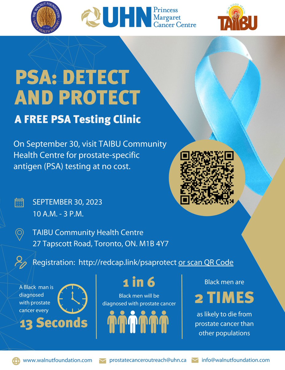 <a href="/TheWalnutFounda/">TheWalnutFoundation</a> is hosting a FREE PSA screening clinic on September 30th at <a href="/TAIBU_CHC/">TAIBU Community Health Centre</a>, in collaboration with <a href="/pmcancercentre/">Princess Margaret Cancer Centre</a> to make prostate cancer screening accessible in GTA communities. 
Register now and help us spread the word! 💙
external.redcap.uhn.ca/surveys/?s=YJH…

#ProstateCancer
