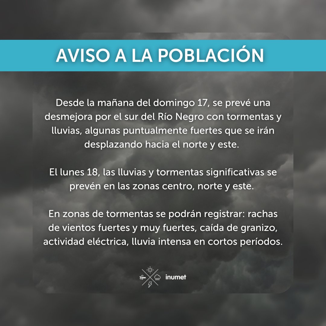 Inumet_'s tweet photo. #AvisoALaPoblación
Por más información: https://t.co/zY2u8OFmLu https://t.co/tcm4UT5YQu