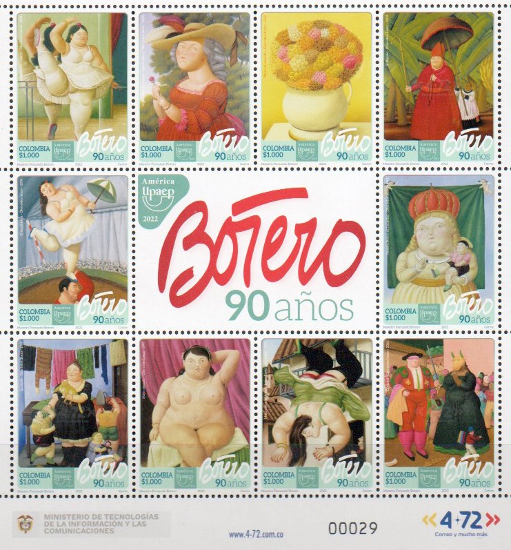 El día de hoy falleció Fernando Botero, pintor y escultor colombiano característico por su estilo su generis, el cual mostraba la realidad con una representación volumétrica grande y exuberante.
#FernandoBotero 

Timbre: UPAEP: Art of Fernando Botero, país: Colombia, año: 2022
