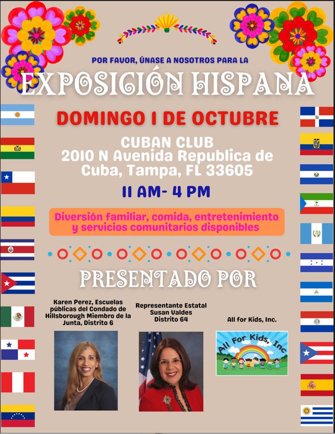 Hillsborough Schools (@hillsboroughsch) on Twitter photo Happy Hispanic Heritage Month!
Join <a href="/KarenPerezTampa/">Karen Perez</a> & <a href="/SusanLValdesFL/">Susan L. Valdés</a> for the Hispanic Expo - Sunday, October 1st at the Cuban Club! Happy Hispanic Heritage Month!
Join <a href="/KarenPerezTampa/">Karen Perez</a> & <a href="/SusanLValdesFL/">Susan L. Valdés</a> for the Hispanic Expo - Sunday, October 1st at the Cuban Club!