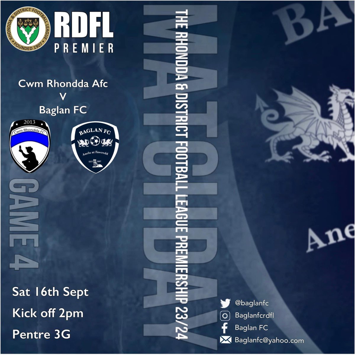 BaglanFc's tweet photo. With a very competitive RDFL this year, tough games are guaranteed every match day and that’s no exception tomorrow as we take on @CwmRhonddaFC1 on Pentre 3G. Always an entertaining affair! #uppabaglan https://t.co/AXcaBt5ChU