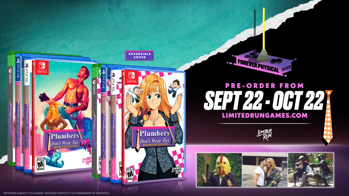 We pulled out all of the stops for the physical release. Featuring art from <a href="/BillyNorrby/">Billy Norrby</a>, Jonathan Kim, <a href="/kinucakes/">Kinuko / 絹子</a>, <a href="/dynamografika/">Igor-Alban Chevalier—The Black Frog—Baron Blitz</a> &amp; <a href="/pepe_salot/">PEPEGR∆PHIX 📺✨ (Commissions closed)</a>  to complement the features &amp; commentary added in Plumbers Don’t Wear Ties: Definitive Edition.

Available for Switch, PS4, PS5 &amp; Xbox.