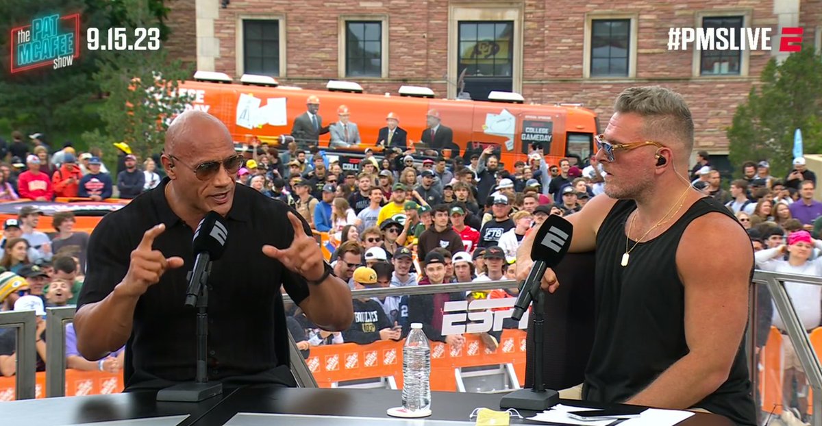 WrestlingNewsCo's tweet photo. The Rock says 'There's WrestleMania in Philadelphia" in regards to a match with Roman Reigns. "I'm open"

He says the fans deserve something incredible and unprecedented. 

(The Pat McAfee Show) https://t.co/GyldGD1AKp