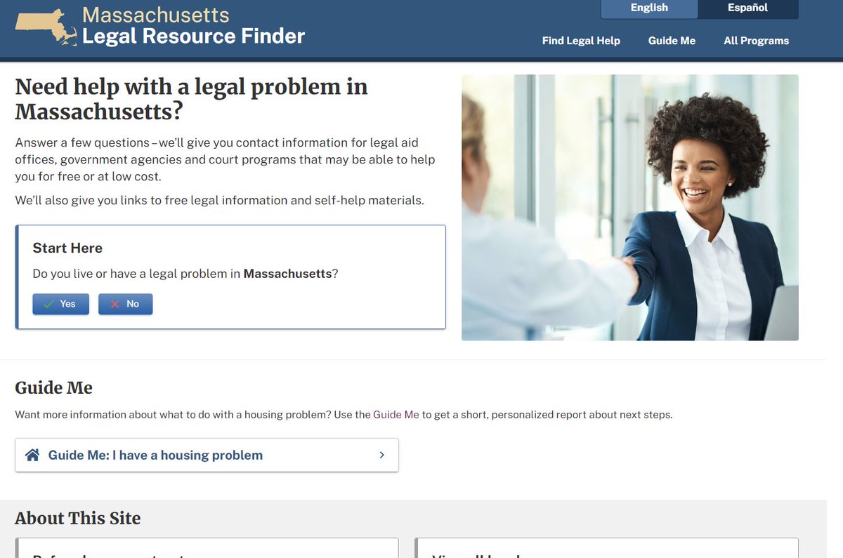 Need legal help in Massachusetts? Use the Legal Resource Finder (masslrf.org) if you are looking for a free lawyer for a civil (non-criminal) case.

Enter your location, income and type of problem you're facing OR click on 'All Programs' for a full list.