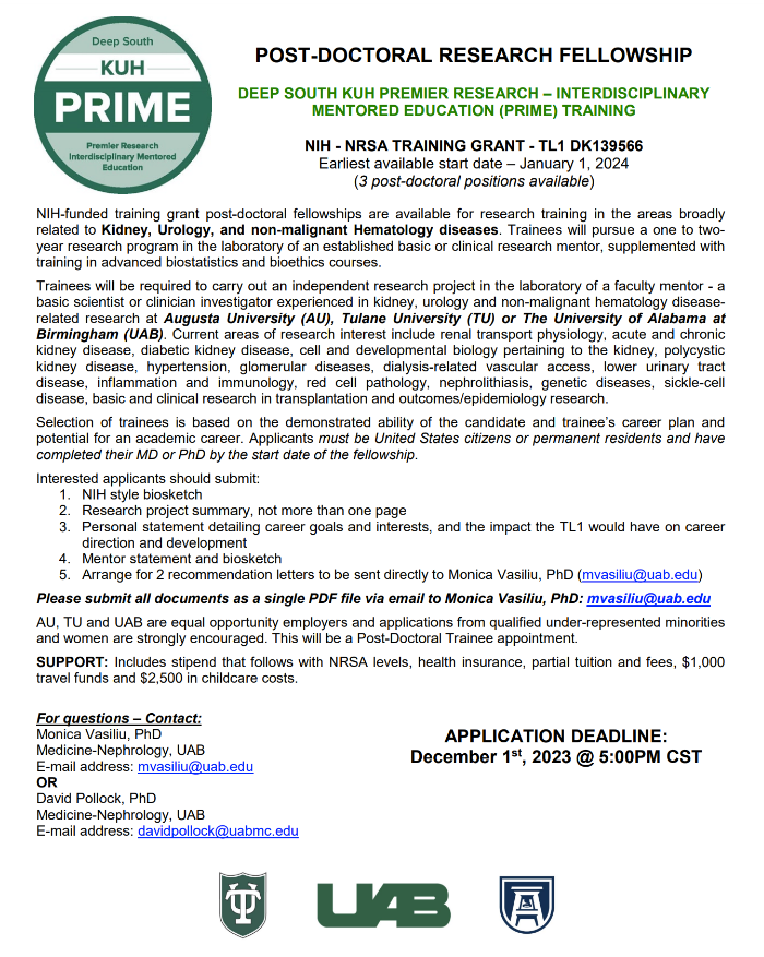 Pre-Doctoral and Post-Doctoral research opportunities here! This will include up to two years of independent research in the laboratory of an established research scientist. Pass this along to anyone you think may be interested! @UAB_NRTC @davidpollock929 @ogutierrez136 @bhoov4