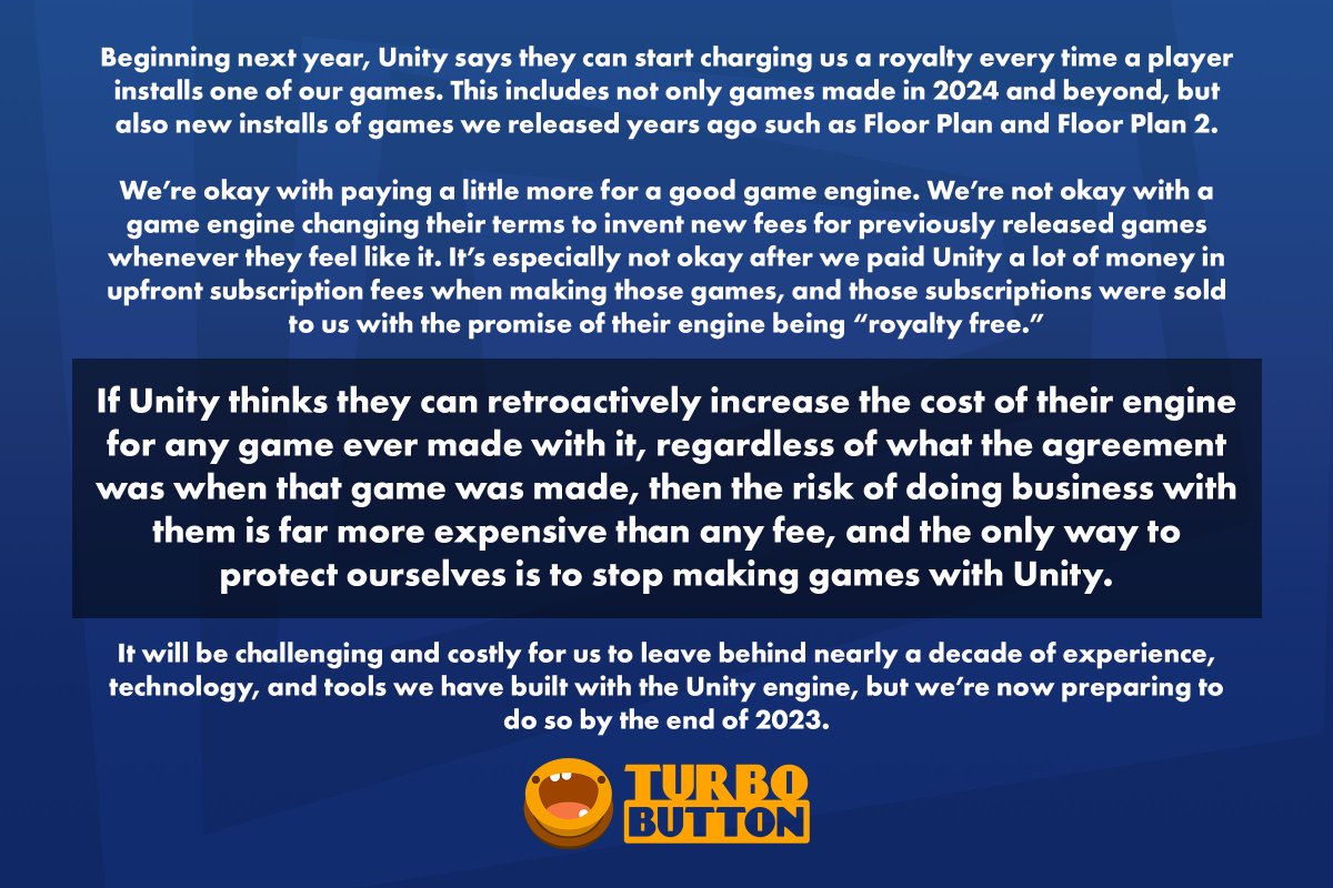 We join the chorus of developers expressing anger, frustration, and betrayal with <a href="/unity/">Unity</a> this week. Full statement and our plans moving forward below: