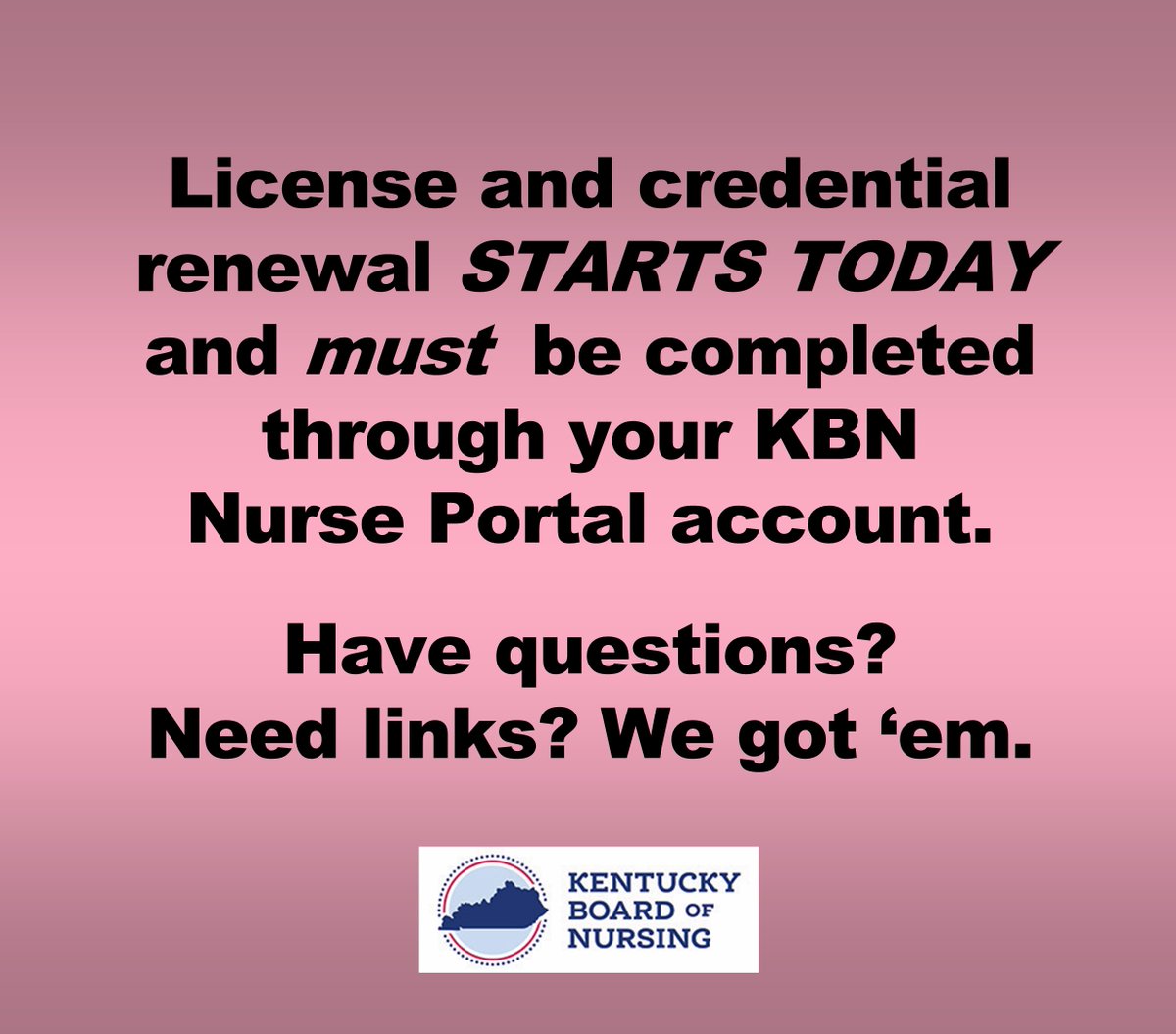 Create your account in the new KBN Nurse Portal (mobile devices like phones, iPads etc. ARE NOT currently supported): kybn.boardsofnursing.org/kybn
Portal instructions: kbn.ky.gov/KBN%20Document…
For a video tutorial: kbn.ky.gov/Licensure/Page…
Renewal overview: kbn.ky.gov/Pages/Renewal.…
