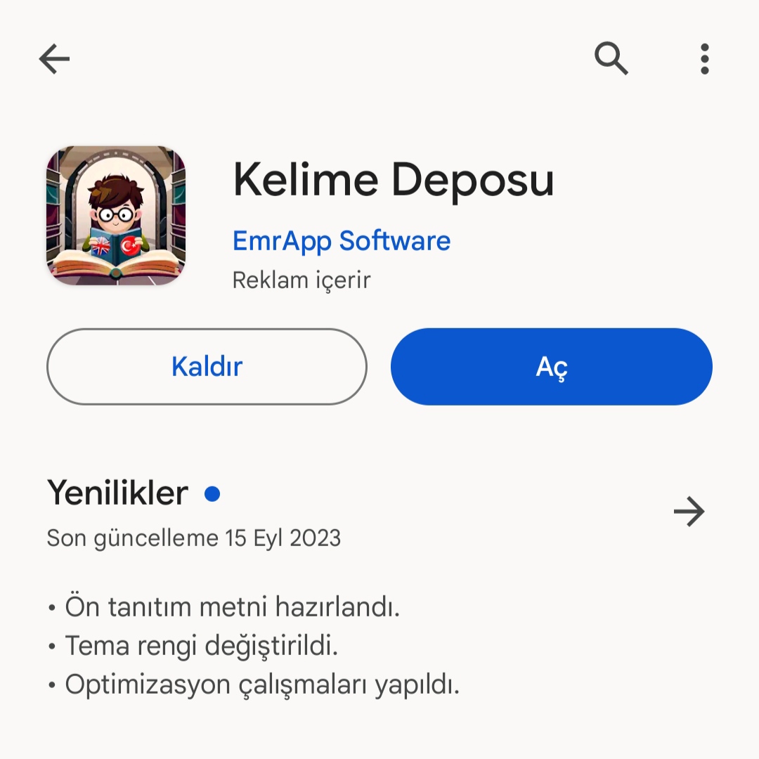 İngilizce - Türkçe dil eğitiminize katkı sağlayacağını düşündüğüm "Kelime Deposu" projem Google Play Store'da yayında! ✅ Hikayemde sabitlediğim bağlantıyı kullanarak indirebilirsiniz. Desteğiniz için teşekkür ederim. 🙋‍♂️

#google #project #googleplaystore