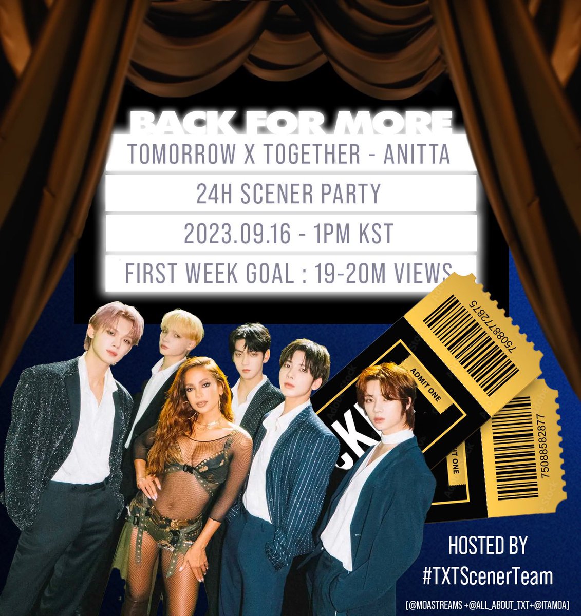 all_about_txt's tweet photo. 🚨CALLING ALL #AnittersXMOAs🚨

 #TXTScenerTeam 24H Back For More YouTube Party‼️

⏰ TODAY 1PM KST (Sept 16)

🥳🔗https://t.co/lQRJXytzgt

Coming #BackForMore and streaming the MV like never before 🔥

➡️ If you have a computer/laptop please join us on @scener! 

We will stream for you!! 🫶
#TXTxAnitta #TOMORROW_X_TOGETHER