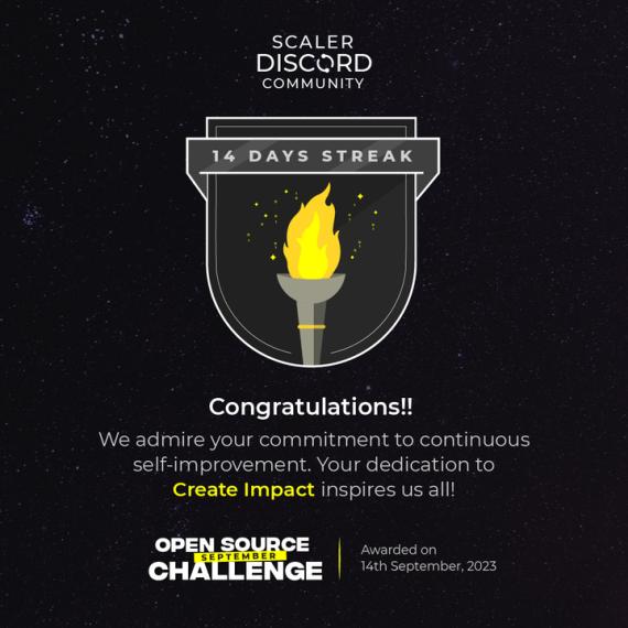 Vishal_74_'s tweet photo. Hey All, I have completed the SECOND MILESTONE of #OpenSourceSep Challenge with
@Scaler_Official
Discord Community  #Opensourcesep #ScalerDiscord #Scaler #30daysofopensource #OpenSourceSeptemberChallenge #OpenSourceSepChallenge https://t.co/bChstgLVmm