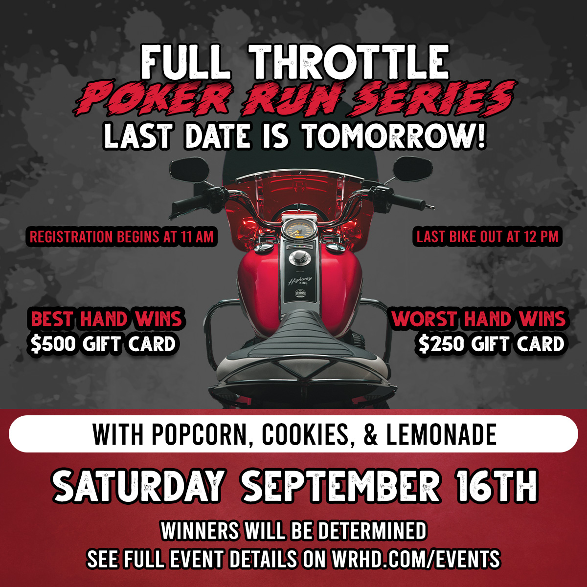 WRHD's tweet image. Happy Friday!! BTW, did you know tomorrow is already the last Full Throttle Poker Run of the season? (Say What??)

Come join for refreshments &amp;amp; find out who's got the best and worst #pokerhand! 🃏

#poker #pokerrun #pokerface #FullThrottleFun #fullthrottlepokerrun #WRHD #FunTimes