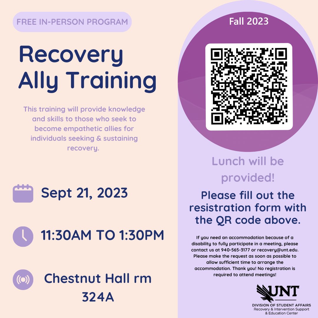 Students, staff, all are welcome. You must register to be able to attend! This training is completely free for everyone + lunch is provided; win-win!😎💜 #recoveryally #recoveryallytraining #unt #unt24 #unt25 #unt26 #unt27