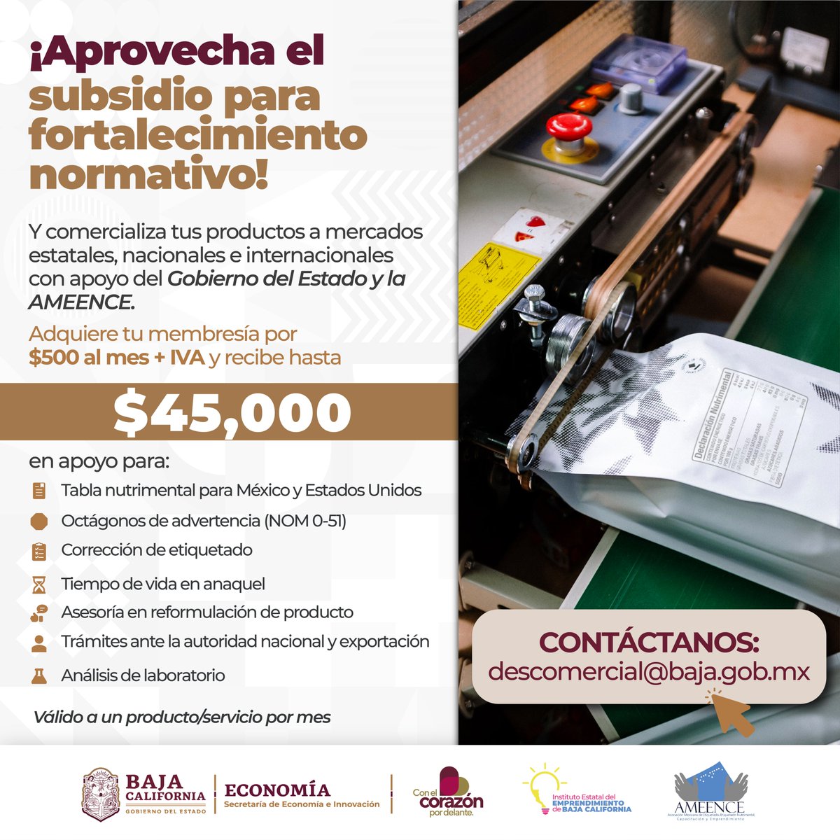 Recuerda que, si tu empresa ya se encuentra registrada ante el #SAT, sigue vigente el subsidio ofrecido conjuntamente con la @Asociación Mexicana de Etiquetado Nutrimental Capacitación y Emprendimiento para el “Fortalecimiento Normativo” 🙌🏾📈