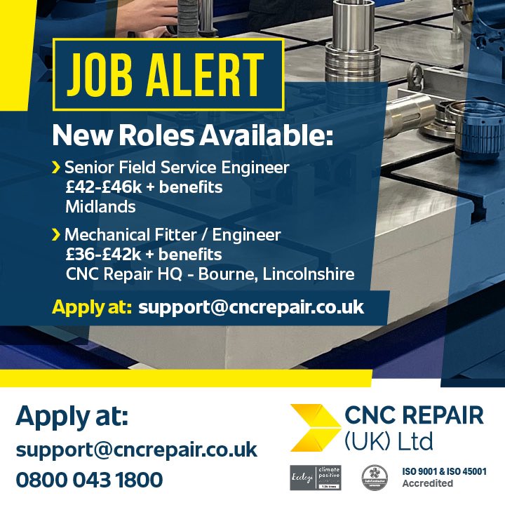 At CNC Repair (UK) Ltd we are enjoying an exciting and sustainable growth program following the award of several prestigious long term, high value projects. We are currently recruiting for both Service Engineer's &amp; for our internal mechanical repair department based in Bourne.