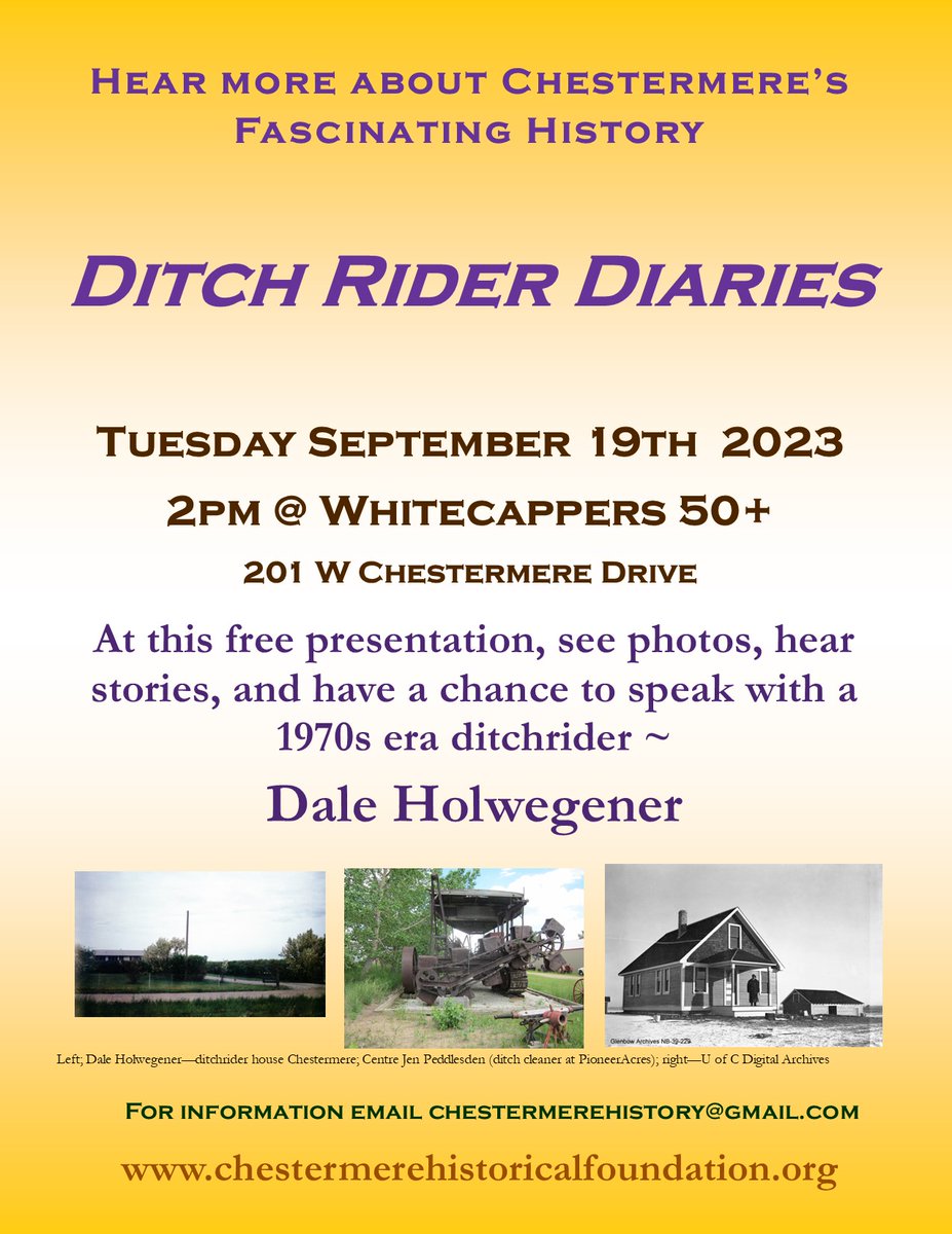 ChestermereF's tweet photo. Historical program Sep 19 2pm - the ditch riders who keep the water flowing to the farmers, and the ditches in good working order!  Hear more from a ditch rider, see historical photos biscuits &amp; coffee to follow. https://t.co/sbaTTus4Wg https://t.co/h2hzbXu6v4