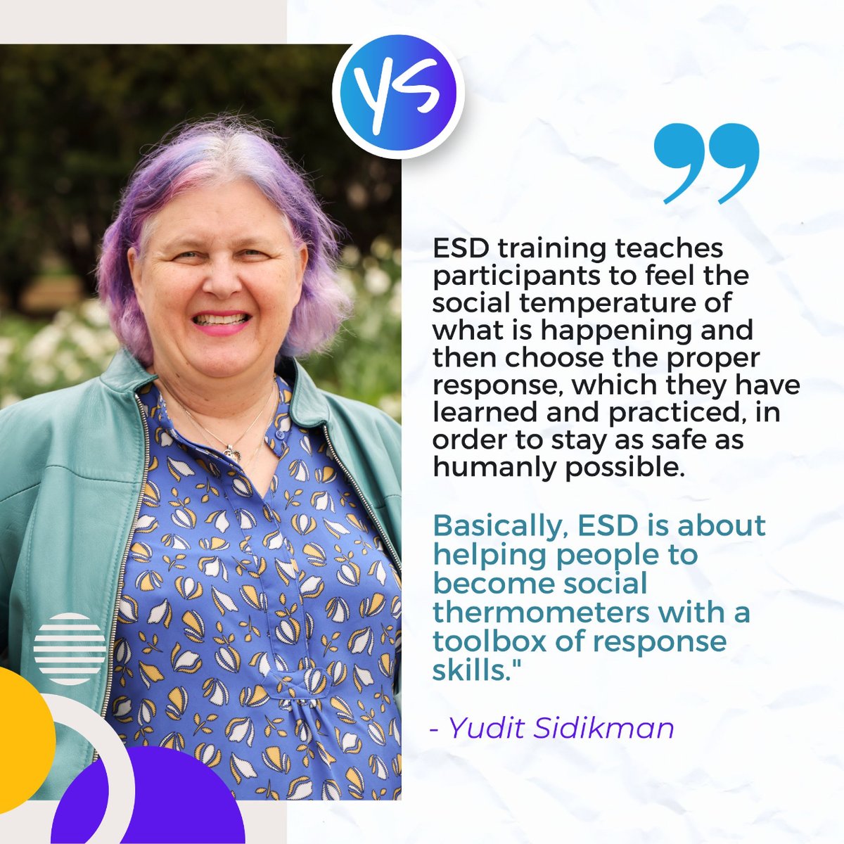 YuditSensei's tweet image. A fellow I talked with was struggling to understand what we do in ESD until I said "ESD training teaches participants to get the social temperature and then choose the proper response, which they have learned and practiced, to stay safe."
#awareness #responsibility #yudit