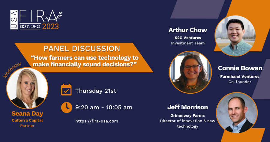 FIRA (@fira_team) on Twitter photo 🇺🇸 #FIRAUSA23 🚜
🎙️ Panel discussion “How farmers can use technology to make financially sound decisions?” with
➡️ Arthur Chow, @seed2growth
➡️ <a href="/ConnieBowen_/">Connie Bowen</a>, <a href="/farmhand/">farmhand</a> ventures
➡️ Jeff Morrison, <a href="/GrimmwayFarms/">Grimmway Farms</a>
Moderated by <a href="/seanahull/">Seana Day</a>, @culterracapital <a href="/betterfoodvc/">Better Food Ventures</a> 🇺🇸 #FIRAUSA23 🚜
🎙️ Panel discussion “How farmers can use technology to make financially sound decisions?” with
➡️ Arthur Chow, @seed2growth
➡️ <a href="/ConnieBowen_/">Connie Bowen</a>, <a href="/farmhand/">farmhand</a> ventures
➡️ Jeff Morrison, <a href="/GrimmwayFarms/">Grimmway Farms</a>
Moderated by <a href="/seanahull/">Seana Day</a>, @culterracapital <a href="/betterfoodvc/">Better Food Ventures</a>