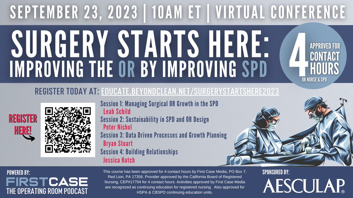BeyondCleanInfo's tweet image. Our sister platform First Case is hosting a virtual conference on September 23rd called "Surgery Starts Here" worth 4 Contact Hours for OR Nurses and Sterile Processing professionals! You can register here: hubs.ly/Q0226WgV0 

#FirstCase #Conference #Training