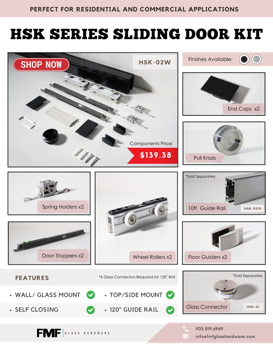 FmfHardware's tweet photo. Unlock versatility with our HSK Series Sliding Door Kit

Whether it's for residential or commercial use, this kit has you covered. It offers wall &amp; glass mount options as well as side &amp; top mounting.

#SlidingDoorKit #VersatileDesign #Residential #Commercial #FMFGlassHardware https://t.co/LfhO0BUEow