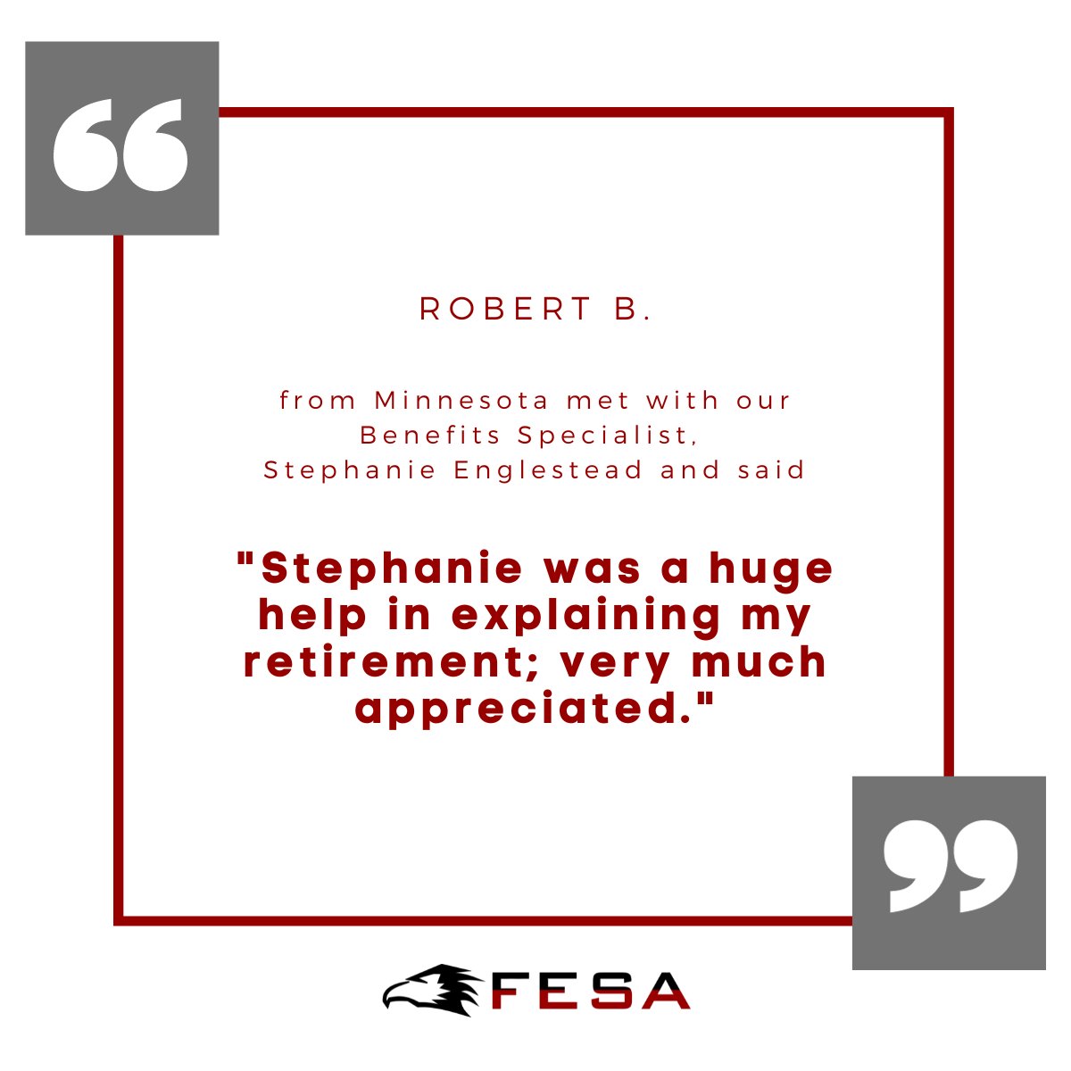 TeamFESA's tweet image. Like Robert B. from Minnesota, we can help you understand your benefits too! Contact us at (512) 687-6202 or email CustomerService@GoFESA.com
Visit GoFESA.com for more information
#FESA #Benefits #Retirement #TSP #Medicare #BenefitsAnalysis