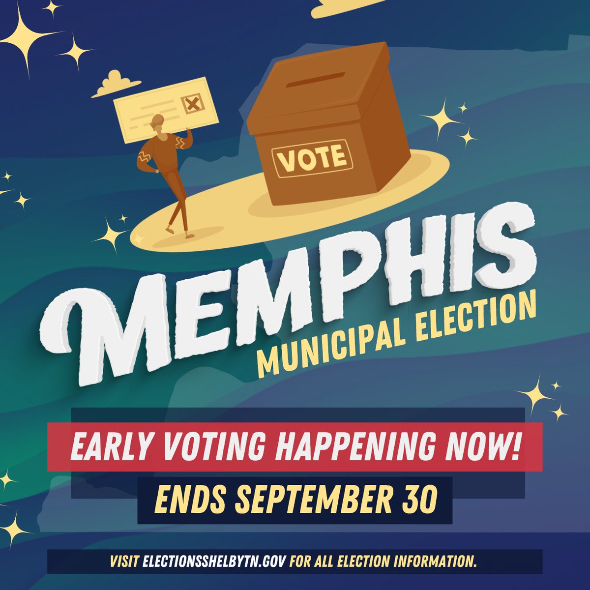 Memphis! Early Voting is now underway for the October 5 Municipal Election. We can't wait any longer – it's time to seize the future of your city, today! 🏙️

Confirm your polling location &amp; more by visiting the Shelby Co. Election Commission: bit.ly/3Oek9Rd #MemphisVotes