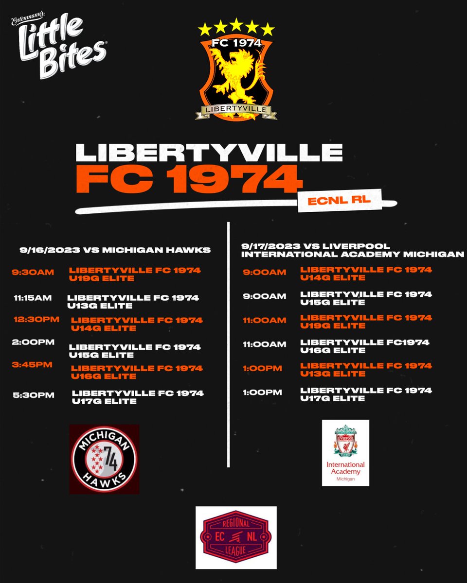 The Libertyville FC 1974 U13-U19G Elite teams are traveling to Michigan to take on the Michigan Hawks and Liverpool International Academy in ECNL RL action! #weare74