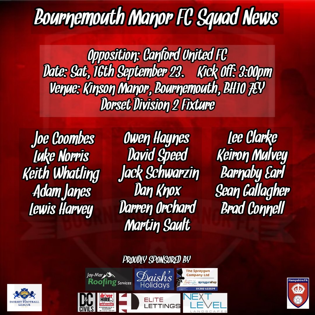 bmouthmanorfc's tweet photo. Bournemouth Manor FC's squad for the visit of Canford United FC to the Manor, 3pm kick off. 

#squad #league #bournemouth #backtobasics #attitude #desire #passion #workhard #hardwork #timetogetgoing #wearebournemouthmanor #UTM🔴⚫ https://t.co/rho4nCc7Oc