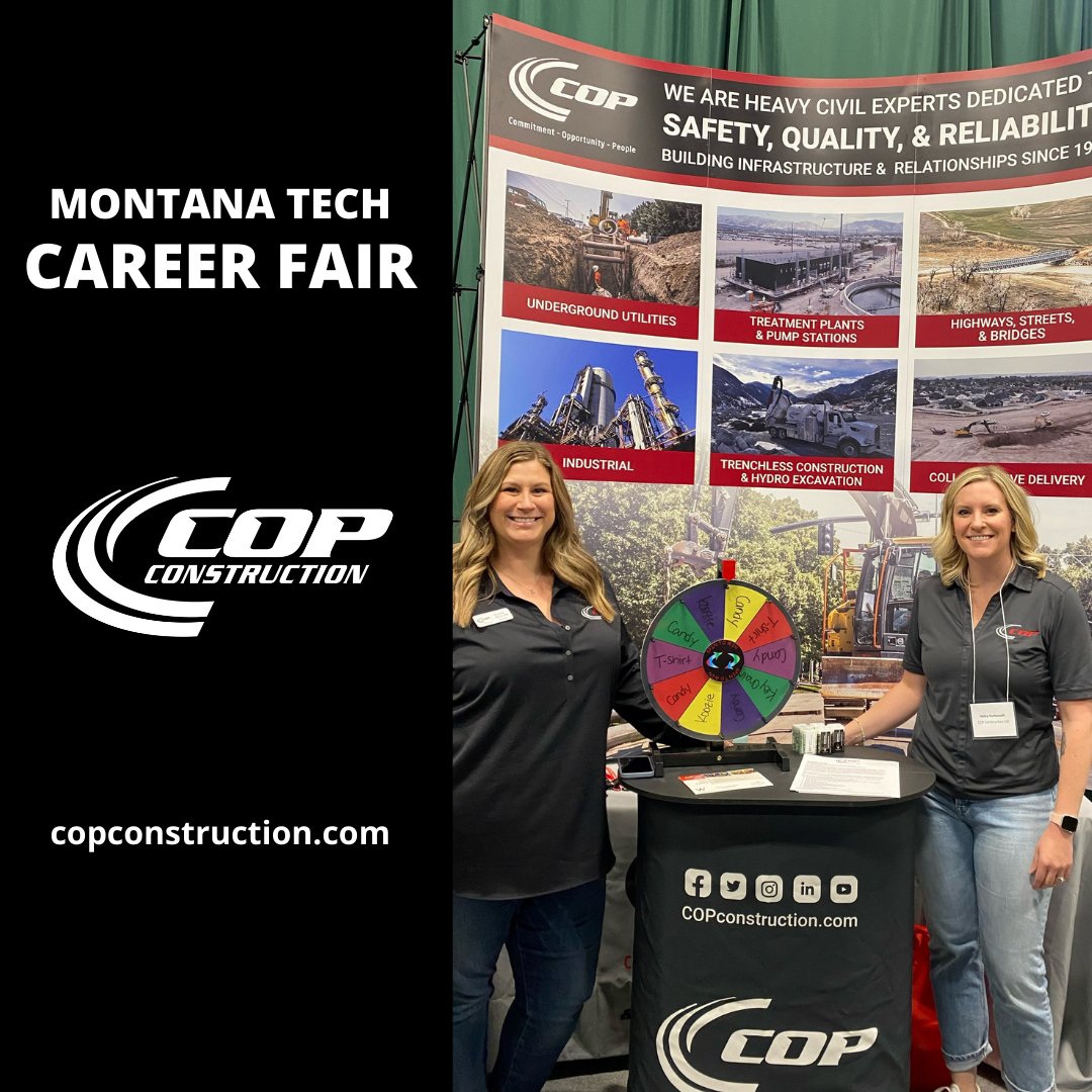 COPConstrLLC's tweet photo. Olivia and Haley met several great Summer Intern and Project Engineer candidates at the MT Tech Career Fair! Thank you MT Tech for another successful event with quality students. Go Diggers! 
#WeAreCOP #COPfamily #COPlife  #careersinconstruction #montanajobs #LetsBuildMT https://t.co/3UQhcZxcJp