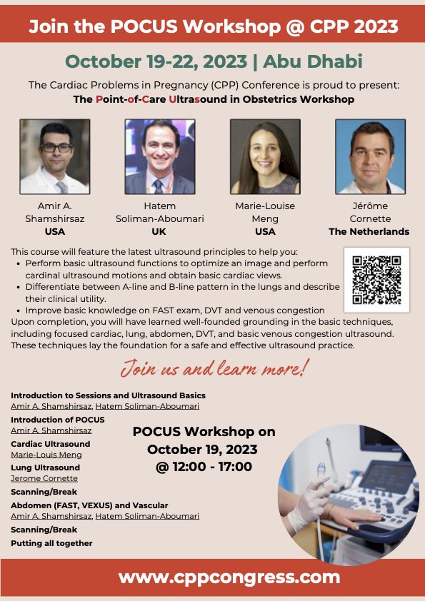 Only 1 month remains for this incredible workshop. If you have an interest in learning from esteemed experts in obstetrics POCUS, seize this wonderful opportunity. Seats are limited, so act fast. Participants will receive a certificate upon completion of the workshop!