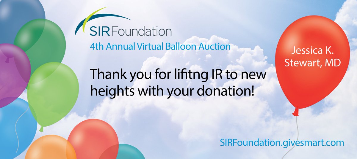 Society of Interventional Radiology (@sirspecialists) on Twitter photo Thank you <a href="/JessieStewartMD/">Jessie Stewart</a>, for taking #IRresearch to new heights during this year's #SIRFoundation #VirtualBalloonAuction! SIRFoundation.givesmart.com Thank you <a href="/JessieStewartMD/">Jessie Stewart</a>, for taking #IRresearch to new heights during this year's #SIRFoundation #VirtualBalloonAuction! SIRFoundation.givesmart.com