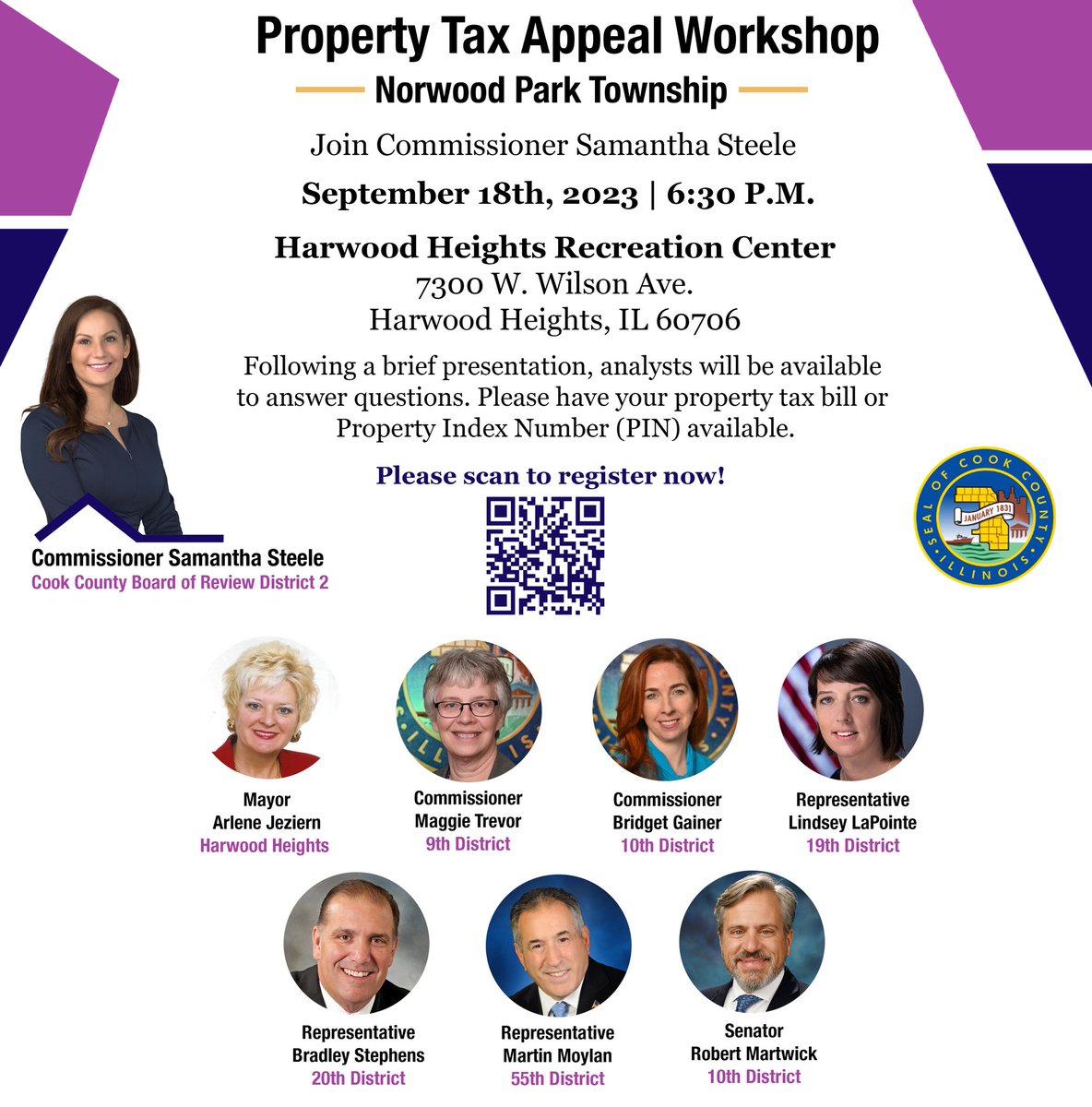 Attention 10th District residents- Join @Sam_Steele_BOR for a Property Tax Appeals Workshop on Monday, September 18th at the Harwood Heights Rec Center. Come out and get your tax appeal questions answered!