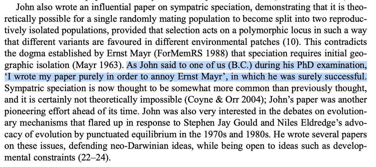 John Maynard Smith wrote a paper on sympatric speciation purely to annoy Ernst Mayr. From the Royal Society memoir on JMS royalsocietypublishing.org/doi/abs/10.109…