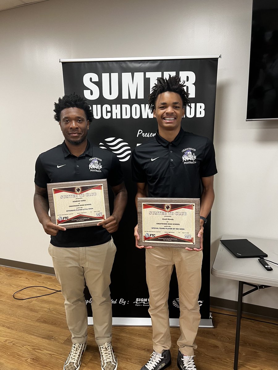 Congrats to RB Azarian Yates (@11Zgotgame) and ATH Khalil Moody (@KhalilMoody06) on being named Touchdown Club Offensive and Special Teams Players of the Week for their performances vs Sumter High 🏅🏅 Great job fellas #ShieldsUp #TheKnightWay 🛡️⚔️📈