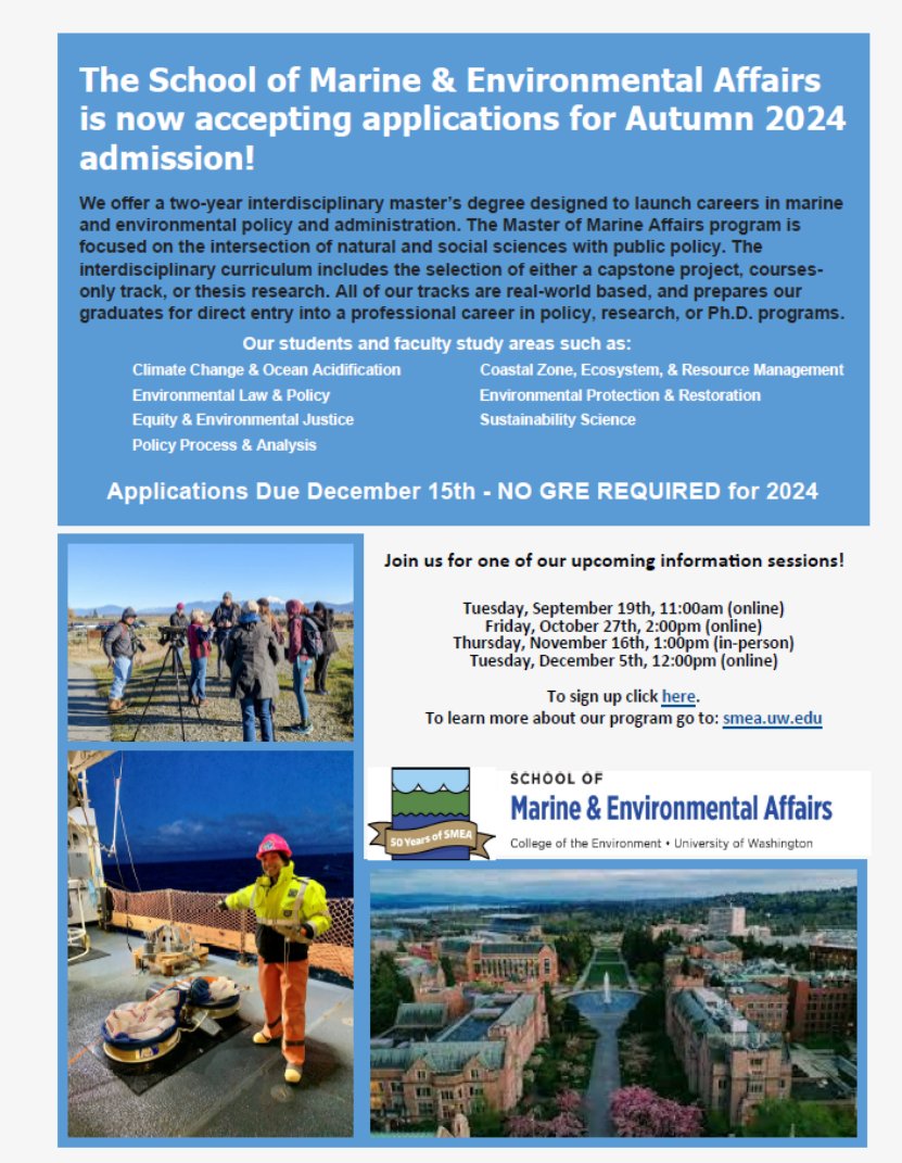 SMEAatUW's tweet photo. SMEA's 2024 application cycle is now open! 🎉

Join us for an Information Session on 9/19, 10/27, 11/16 or 12/5!  To attend an Information Session, click here: https://t.co/oSB0GglSI9

#SMEAatUW #GradSchool #MarineAffairs #UWEnvironment #EducationInspiration https://t.co/offFAdpSzZ