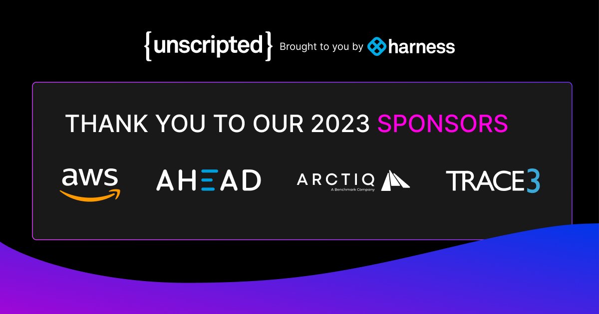 harnessio's tweet photo. We want to thank our sponsors and partners for #UnscriptedConf 2023: @awscloud, @ahead, @arctiqteam, and @trace3.
Thank you for your support for @UnscriptedConf, we're looking forward to a great event together.
Grab your ticket here: https://t.co/5XlzRYvLxM #DevOps https://t.co/00fSoupP9u