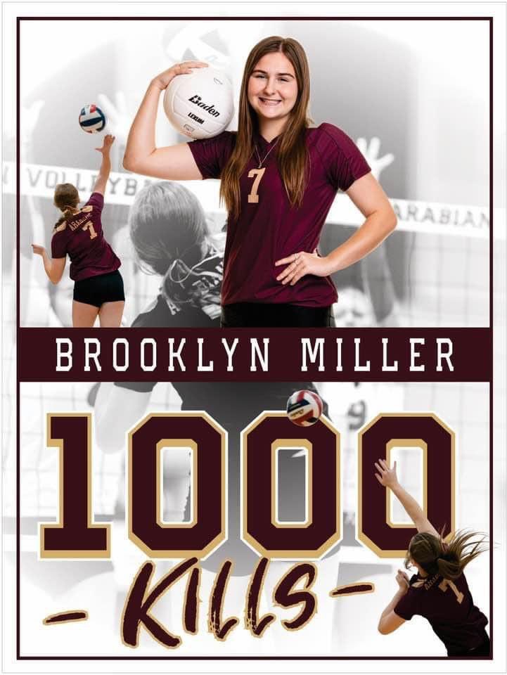Congrats to Arabian Volleyball player Brooklyn Miller who recorded her 1,000th career kill Tuesday night in the game vs Carrizo Springs!!   Great Job, Brooklyn!  We got to celebrate the occasion at the today’s Pep Rally!!  #GoArabians