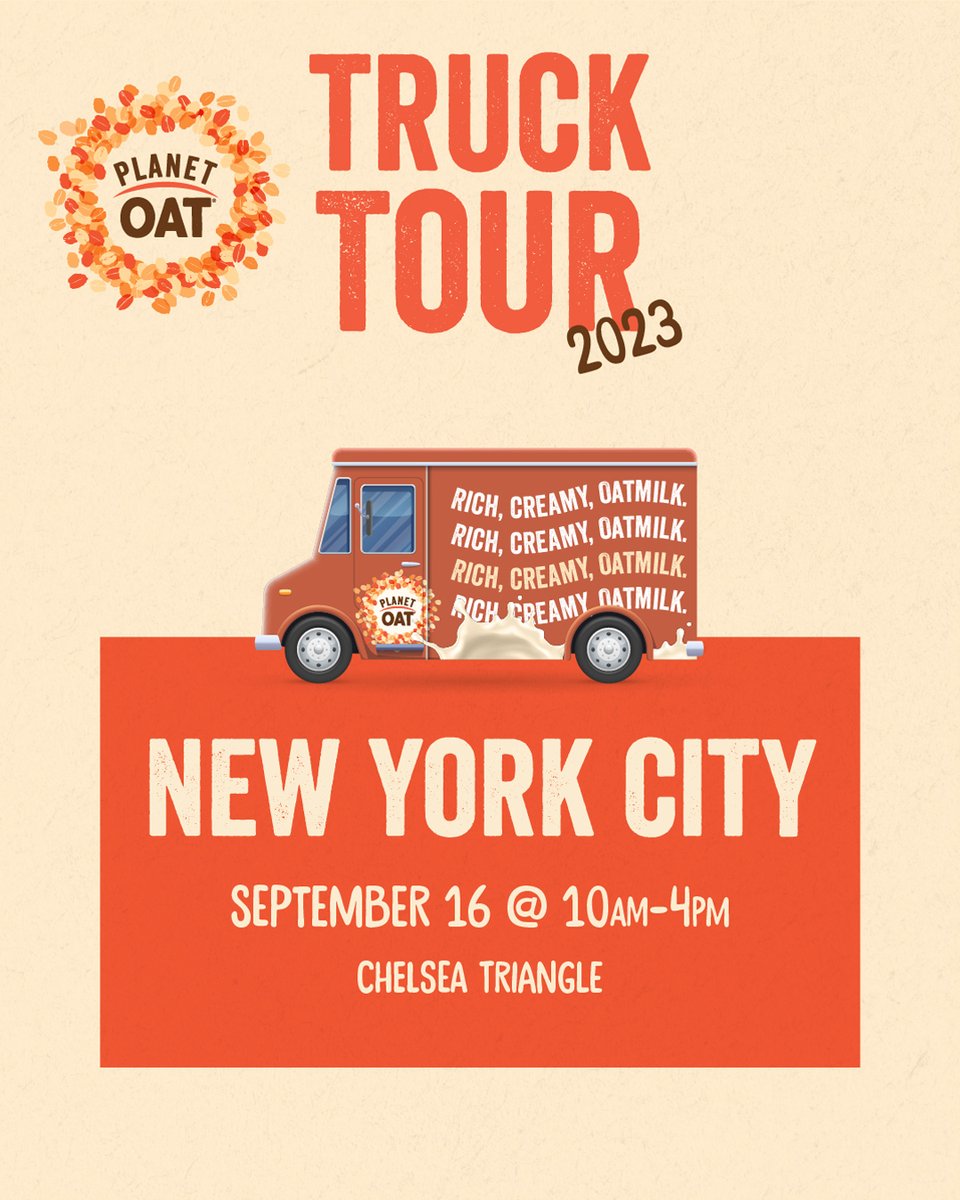 Hey NYC!👋 We’re on our way to you. You’re the 1st stop on the #PlanetOatTruckTour! See you at Chelsea Triangle this Saturday, September 16th from 10:00am to 4:00pm!⁠