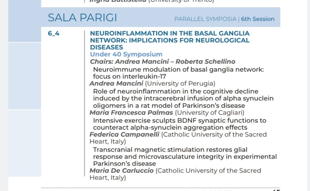 Dear #SINS23 attendees, if you are interested in #basalganglia and #neuroinflammation, don't miss the symposia chaired by Andrea Mancini and me, tomorrow (16th September) at 8.30!! See you there! 😊🧠