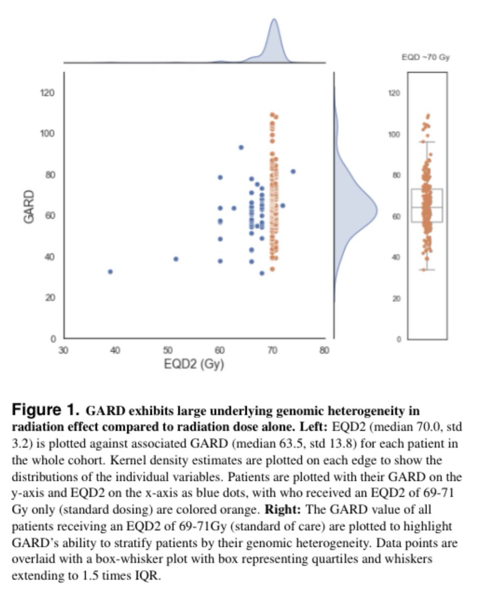 It was a pretty heterogenous cohort of HPV+ OPSCC patients so we separated all those that got radiation.  Then focused on the one who got what we considered standard dosing (orange dots). As usual - we observe a large spread in GARD relative to dose. 3/n