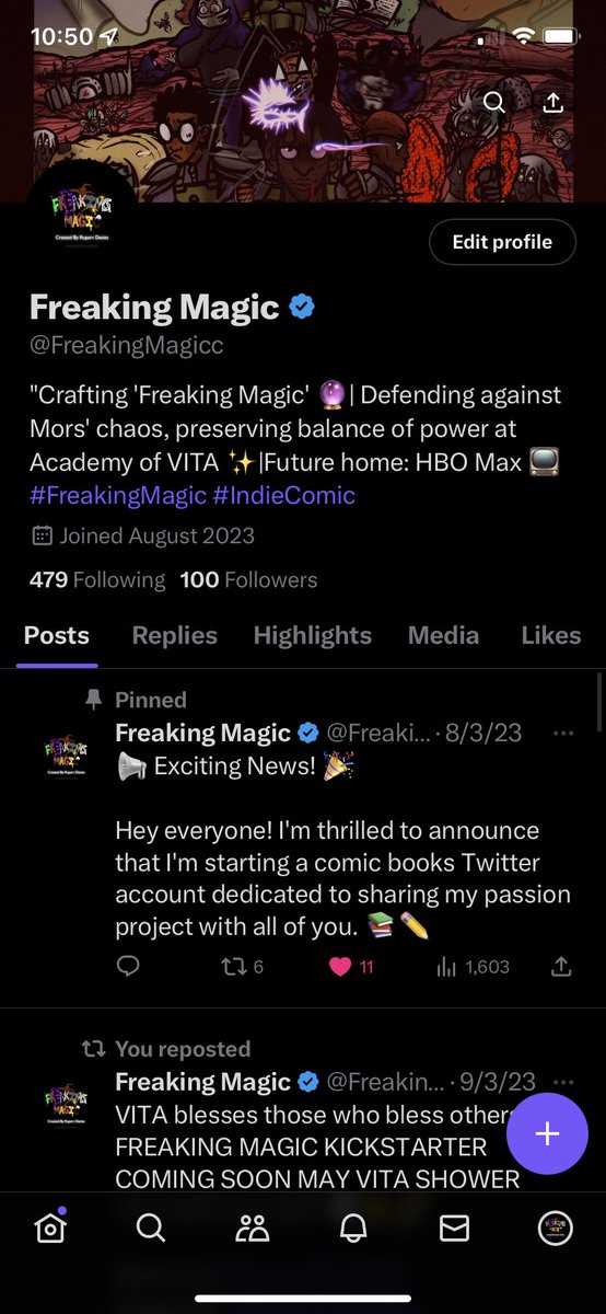 Thank you guys so much for 100 followers! It’s really fulfilling to see this community grow and knowing that people actually like the vision that I have. With your support this can be bigger! One day your gonna go on <a href="/StreamOnMax/">Actually HBO Max</a> and see   
FREAKING MAGIC!🧙🏿‍♂️✨

#IndieComics