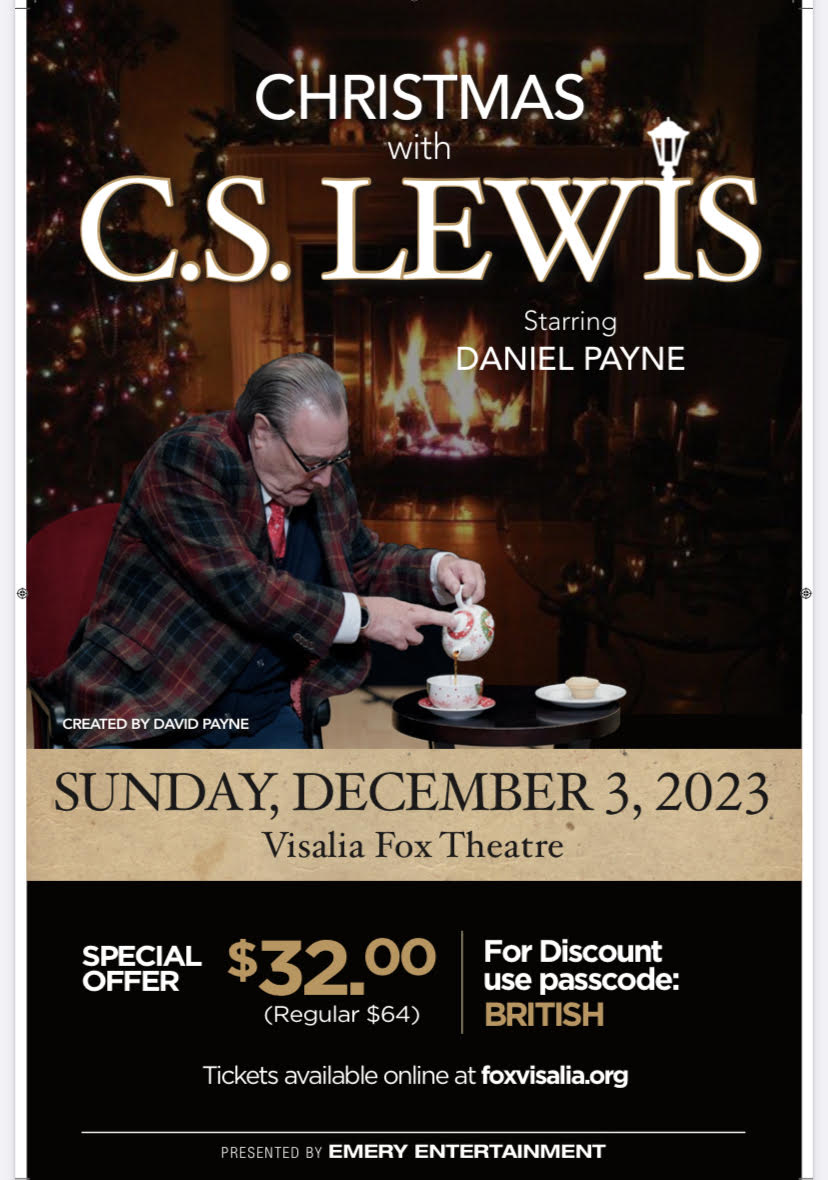 VisaliaFox's tweet photo. 📣TICKETS ON SALE NOW. Christmas with C.S. Lewis starring Daniel Payne, coming to Visalia Fox Theatre on Sunday, Dec. 3rd! Select Tickets are 50% off when using the CODE: NARNIA. To purchase tickets, please click the link in our bio here @visaliafox call us at 559-625-1369 https://t.co/1KVWzMXQPo