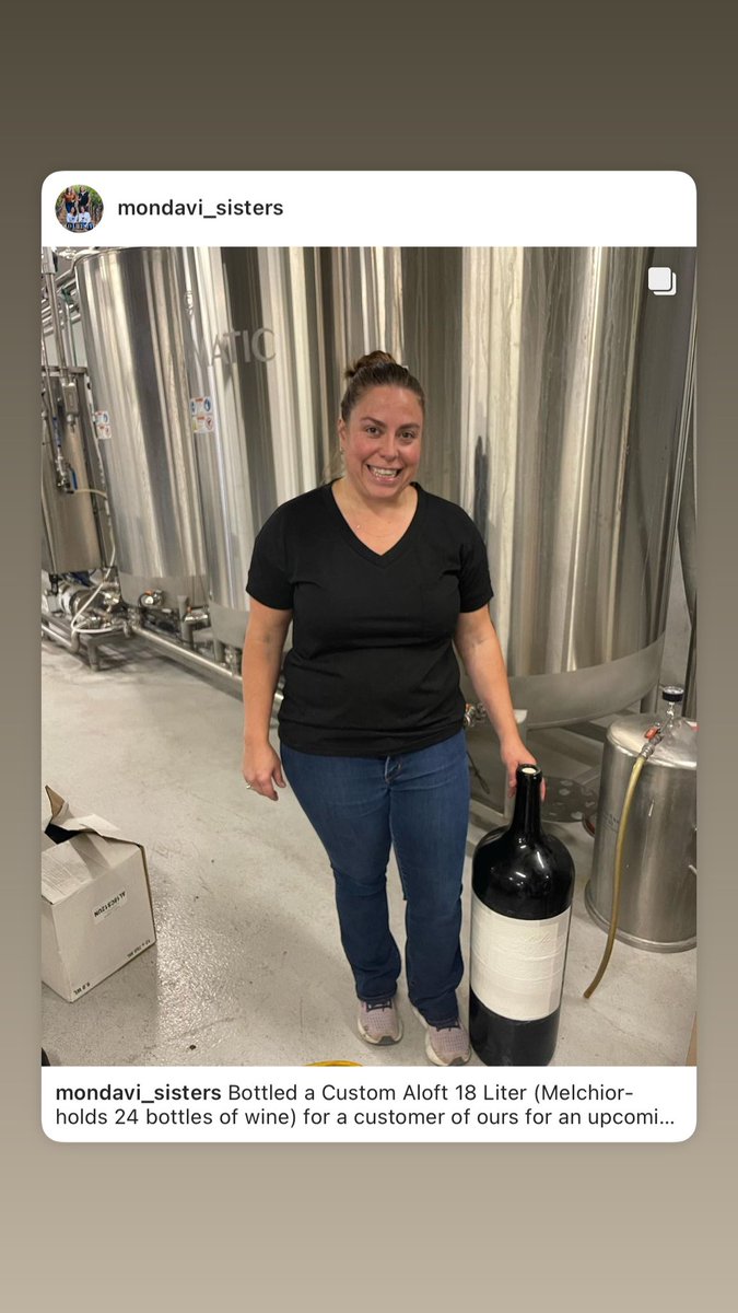MondaviSisters's tweet photo. Bottled a Custom Aloft 18 Liter (Melchior- holds 24 bottles of wine) for a customer of ours for an upcoming event! For perspective - Angelina is 5’2” and the bottle weighs over 60 lbs when full.  #napavalley #cabernetsauvignon #howellmountain #2018 #18liter #melchior https://t.co/aVpLgMNtuH