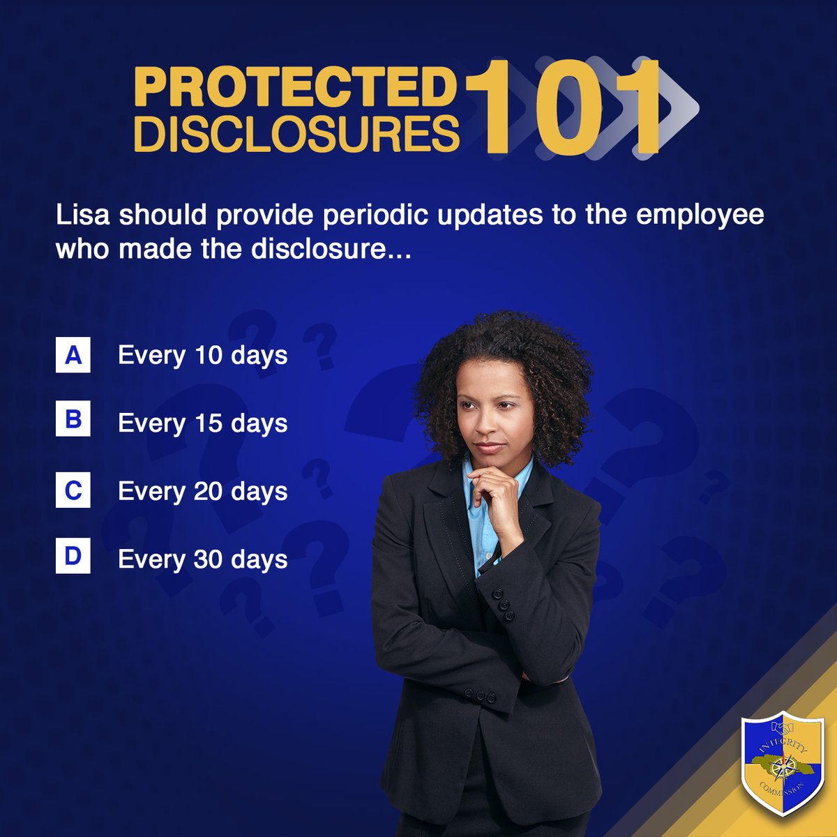JISNews's tweet image. Lisa just received a notification to provide an employee with an update on a disclosure sent two weeks ago.

Remind Lisa of the time limit for updates in the comments/poll below.

#protecteddisclosures #integritycommission #whistleblower #endcorruption