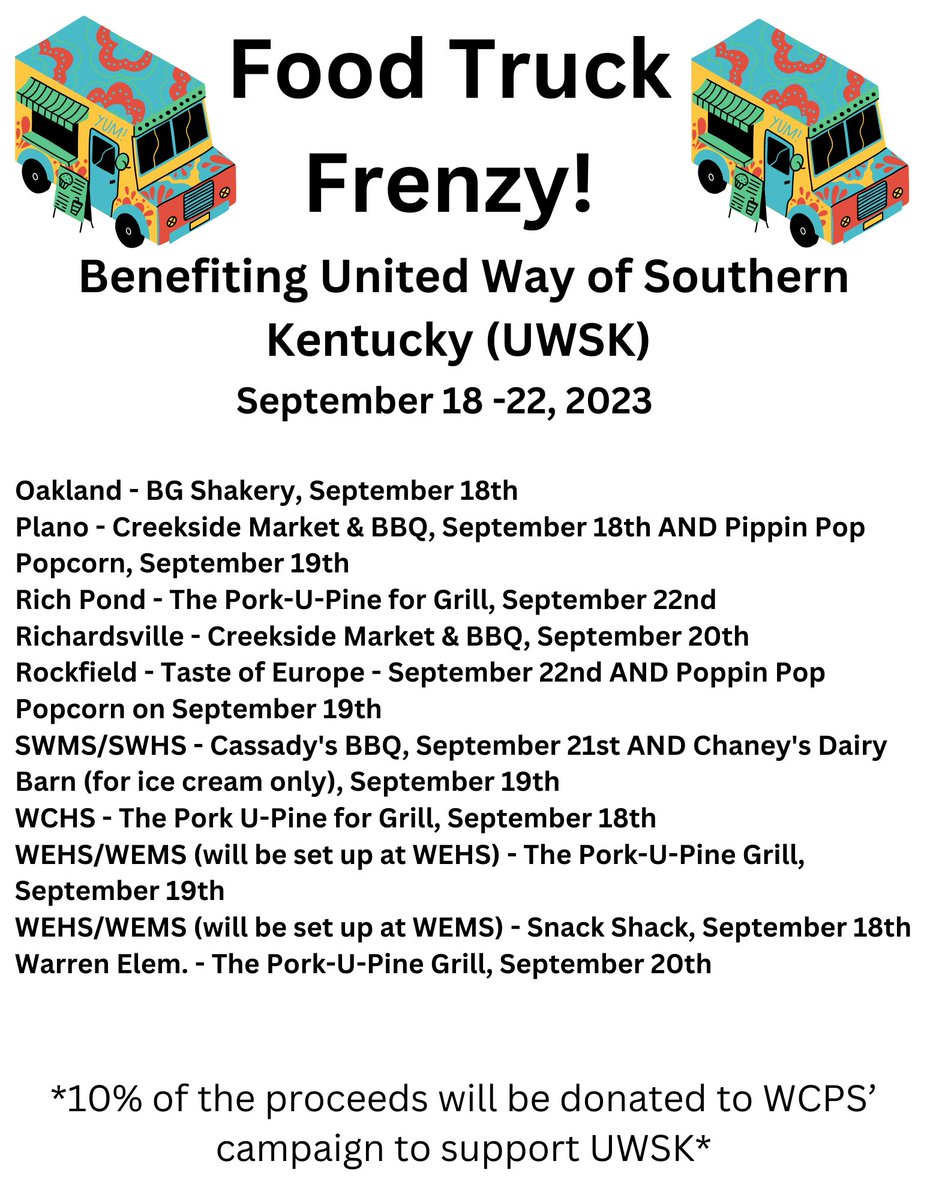 Join us for our Food Truck Frenzy from September 18-22, 2023  at our schools across the district where 10% of the proceeds will be donated to WCPS’ campaign to support <a href="/UnitedWaySOKY/">United Way SOKY</a>! #CommunityMatters #LiveUnited