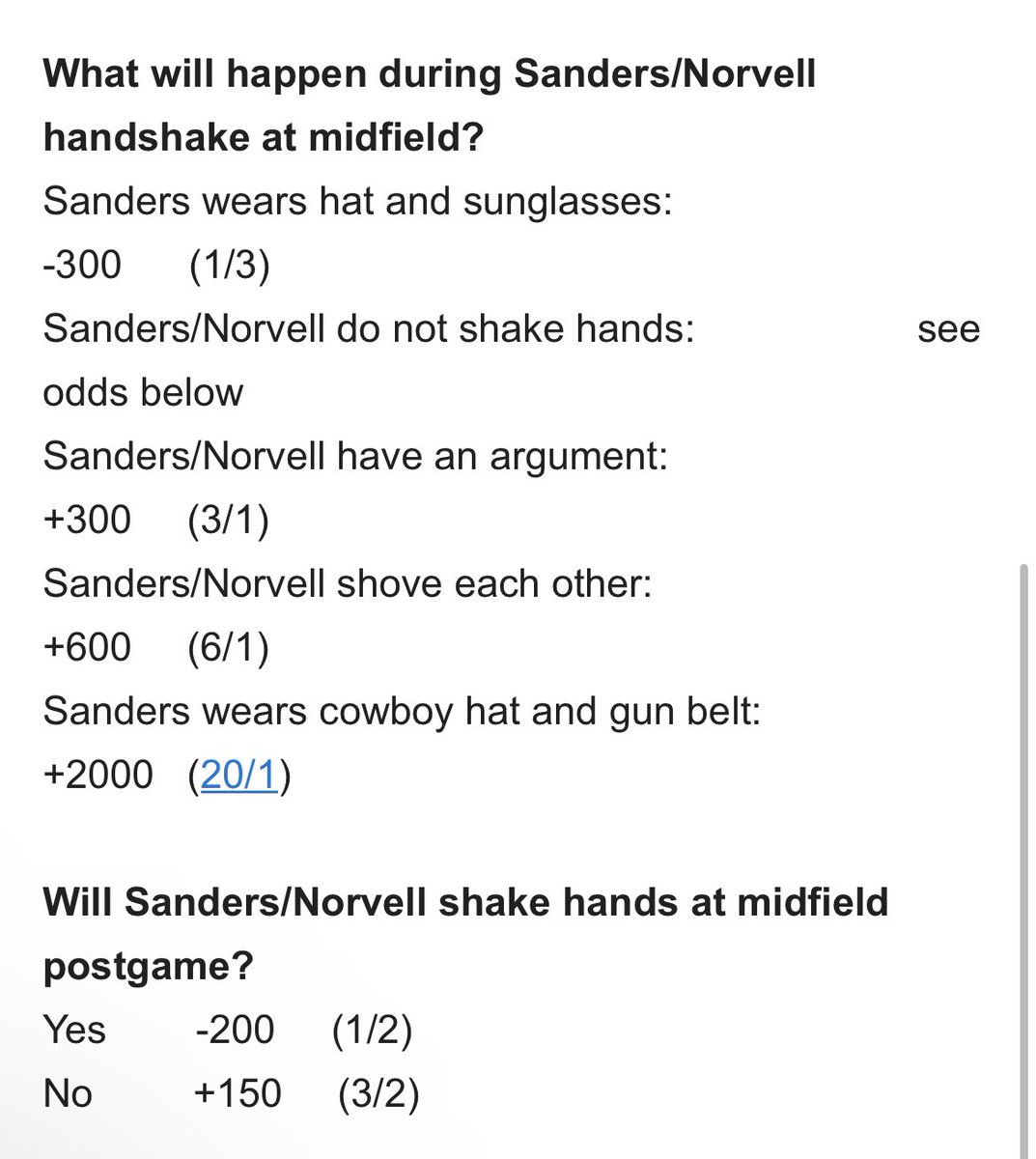 There are now prop bets on the postgame handshake between Prime and Norvell (by <a href="/AgBetonline/">GamblingDegen</a>) 

Cowboy hat and gun belt?! 
😂😂😂