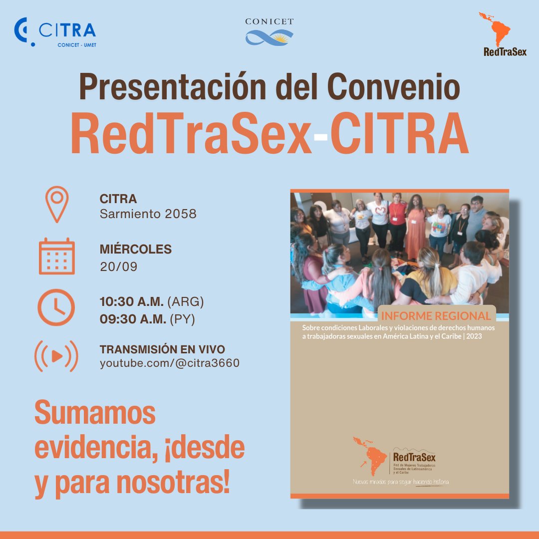 RedTraSex's tweet photo. 📢 Desde la RedTraSex, nos aliamos con el @citrainv/@CONICETDialoga 🇦🇷 para sumar evidencia sobre las realidades de las Mujeres Trabajadoras Sexuales de toda la región.

🧡 Sumando evidencia, ¡desde y para nosotras! #TrabajoSexualEsTrabajo https://t.co/f5dQJMx9oF