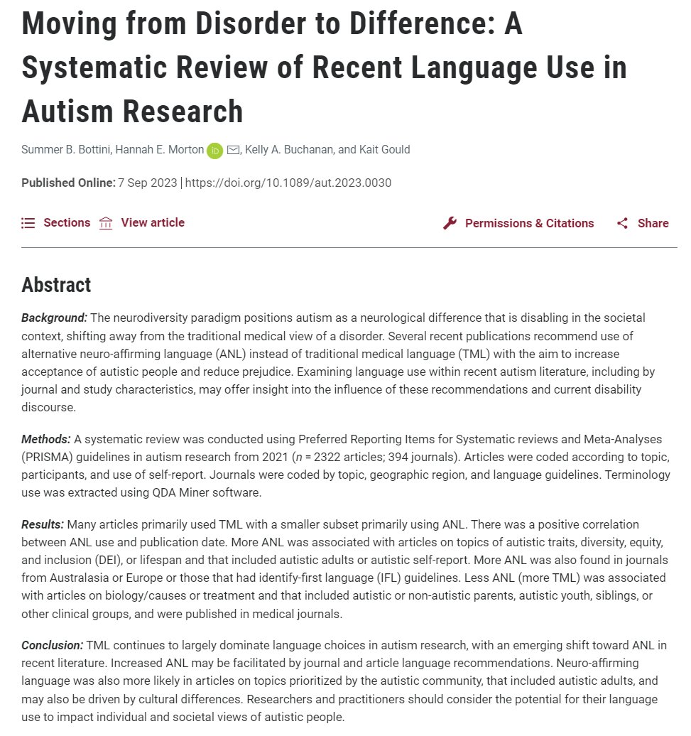 Moving from Disorder to Difference: A Systematic Review of Recent Language Use in Autism Research by @summer_bottini et al finds that medical language continues to dominate the autism research literature over neuro-affirming language NEW FREE to Sept 21 liebertpub.com/doi/10.1089/au…