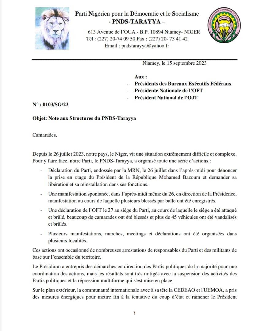 Infointox277's tweet photo. #Niger: Communiqué du #PNDSTarraya !
Le PNDS-Tarayya rejette l’option militaire conformement à la volonté du peuple nigérien et opte pour un règlement pacifique de la crise que traverse le Niger depuis le 26 juillet 2023. https://t.co/2roHr68JOU