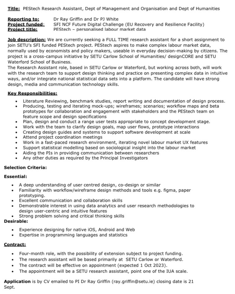 pjwhitedesign's tweet image. @HeyRayGriffin and I are seeking a UX Design Research Assistant for a short assignment joining our SFI funded PEStech project. If you have an interest in User Centred Design, Co-Design or Social Design &amp;amp; experience with Figma and Paper prototyping this might be of interest 👇